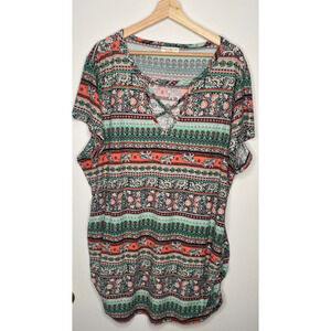 Bobby Brooks Plus Size 3X Boho Tribal Print Top Crisscross Front Short Sleeve
